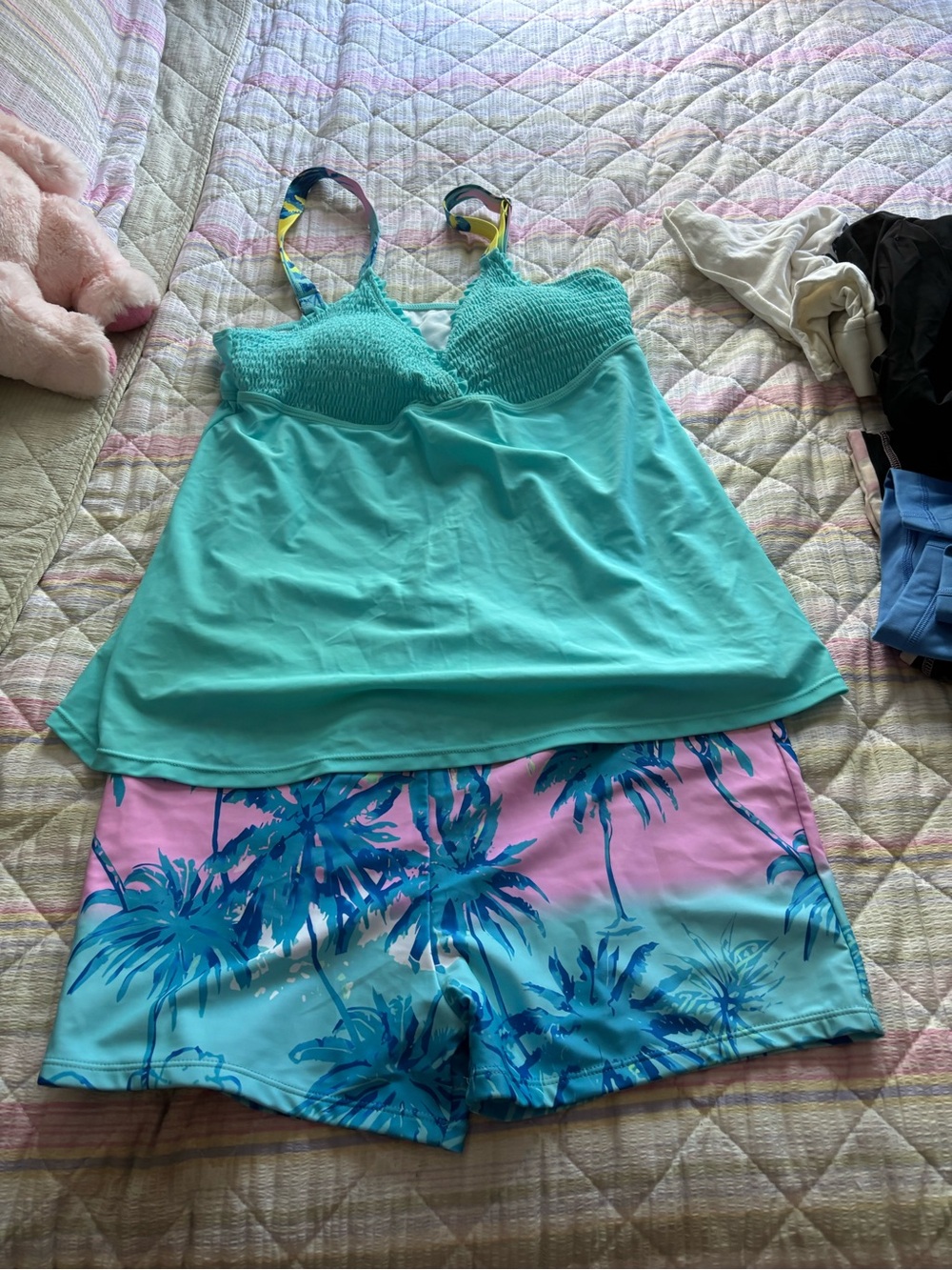 Turquoise Smocked Swim Pajama Set with Tropical Palm-Print Shorts - Picture 2 of 3
